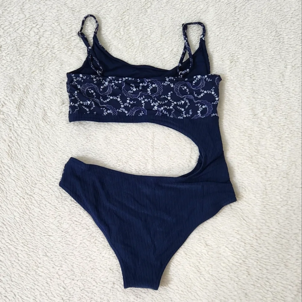 New!Frankie's Bikinis Blue Thea Ribbed One-Piece‎ Swimsuit